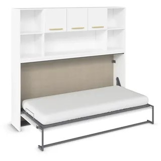 Rauch Möbel Albero, Bett, Schrankbett, Querklappbett, platzsparendes Wandbett mit Bettüberbau, Regal und Lattenrost, Liegefläche 90x200 cm, Farbe Weiß, Griffe Eiche massiv, 214x197x44cm