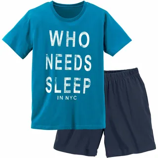 Pyjama AUTHENTIC LE JOGGER, Jungen, Gr. 122/128, bunt (türkis, marine), Jersey, Obermaterial: 100% Baumwolle, bedruckt, Basic, bequem kurz, Rundhals, abgesteppte Kante, Homewear-Sets Pyjama, Schlafanzug mit Spruch "Who needs sleep", Topseller