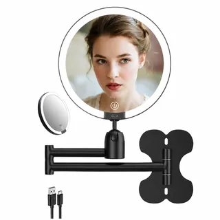 GREATRICH Kosmetikspiegel Wandmontage LED 1X/30X Beidseitig Schminkspiegel mit Beleuchtung 15cm dimmbar 3 Lichtfarben Rasierspiegel wiederaufladbar ausziehbarer Arm Wandspiegel mit Licht, Schwarz