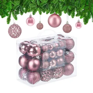 Relaxdays Weihnachtskugeln 50er Set, glitzernde, Matte & glänzende Christbaumkugeln, Kunststoff, ∅ 3, 4 & 6 cm, rosa