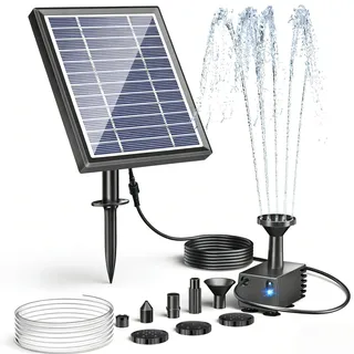 POPOSOAP Solarbrunnen für Vogelfontäne, 3W Solarwasserpumpe mit 1,2 m Schlauch, 5 Düsen, Solar Springbrunnen für Außen kleine Teiche, Garten