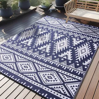 Homaxy Outdoor Teppich Wetterfest, Kunststoff Stroh Faltbar Waschbar UV-beständig Wendbar Balkon Garten Teppich für Terrasse Camping Picknick (180 x 270 cm, Marine Blau & Weiß)