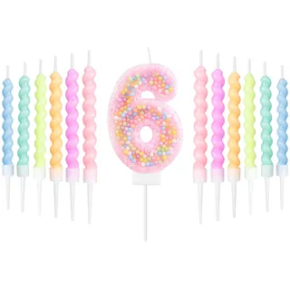 mciskin Macaron zum 6. Geburtstag Kerzen Set,zum 6th Geburtstag Dekoration für Mädchen,rosa Zahl 6 Kerzen und 12 spiralen Party Kerzen für Kuchen,Regenbogen Kuchenaufsatz für Macaron Party Dekoration