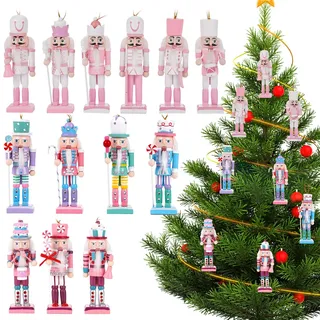 VorFor 13 Stück Set Macaron Pink Weiß Nussknacker Figur,12CM Nussknacker Baumschmuck,Massivholz Finishwork Weihnachten Märchenstücke,Nußknacker Figur Weihnachtsbaum,Kamin Weihnachtsdekorationen.