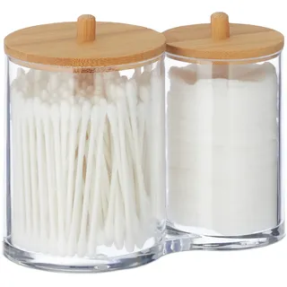 Relaxdays Wattestäbchen-Behälter, Kunststoff, mit Bambusdeckel, Organizer Wattepads und Wattestäbchen, transparent/Natur