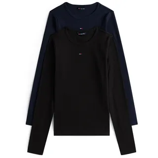 Tommy Hilfiger Tommy Jeans Damen 2er Pack Langarmshirts Slim Essential Rib Rundhalsausschnitt, Mehrfarbig (Black/Dark Night Navy), M