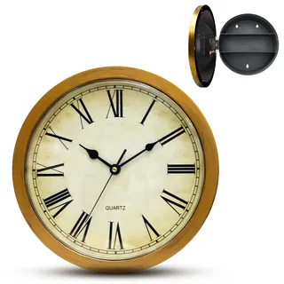 Fishtec Geheime Wanduhr, Funkuhr, Kupfer-Effekt, Antik-Optik, versteckte Aufbewahrung, mit 2 Ablagen, Ø 25 cm, Retro-Design