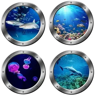 Wandtattoo Wandaufkleber, 4 Stück 3D Wandtattoo Unterwasserwelt, Hai Meeresschildkröten Delfine Qualle Wandtattoo Kinderzimmer, Meerestiere Sticker für Schlafzimmer Wohnzimmer Bad Wanddeko