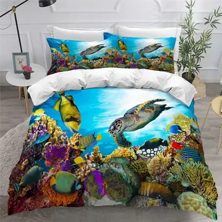 EHAOKK 3D Meer Tier Bettwäsche Set,Delfin,schildkröten bettwäsche,Tropischer Fisch,Korallen,Meeresleben Bettbezug,Blaue Unterwasserwelt Bettbezug für Kinder (B, 135 x 200 cm)