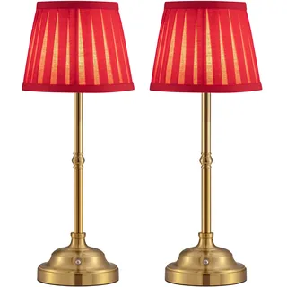 VISDANFO LED Tischlampe Kabellos 2er Set, Dimmbare Vintage Nachttischlampe, Retro Tischlampe Akku, 4000mAh Batteriebetrieben, Geeignet Für Innen, Outdoor, Bar, Wohnzimmer (Gold + Rot Lampenschirm)