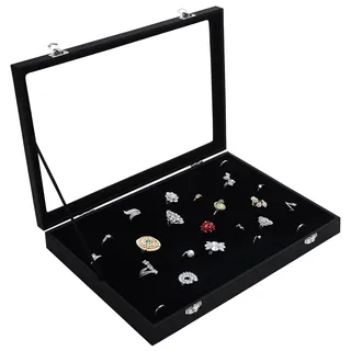 Kurtzy Schwarzes Samt Ring Schmuck Aufbewahrungssystem Schmuckkästchen Glas Deckel mit 100 Schlitzen - Ringhalter Schmuck Box mit Klarem Glasdeckel für Ringe, Ohrringe und Manschettenknöpfe