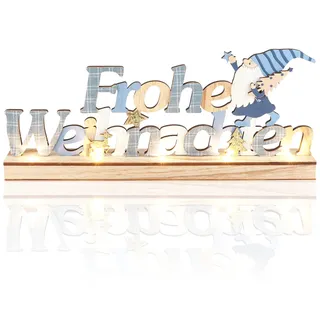 com-four® LED Deko Aufsteller aus Holz - beleuchteter Schriftzug auf Holzsockel - Deko-Schriftzug zum Hinstellen für Weihnachten - Stimmungslicht mit Timer (Santa - blau + weiß)