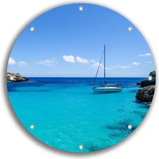 Wallario rundes Outdoor-Poster für Garten oder Balkon, Motiv Segelboot in der Bucht, 30 cm Durchmesser - Blau