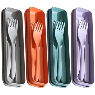 4 Sets Tragbare Plastik Besteck mit Etui, Wiederverwendbares Camping Besteck, Kunststoff-Besteck-Set mit Löffeln Gabeln und Messern für Picknick Camping Schule