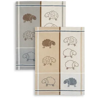 2-er Set, Jacquard Geschirrtuch, KRACHT, Halbleinen, Schafe, beige/grau, Format 50x70cm