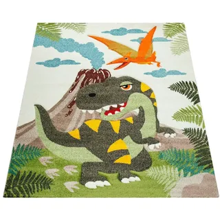 Paco Home Kinderzimmer Teppich Grün Dinosaurier Dschungel Vulkan 3-D Effekt Kurzflor, Grösse:80x150 cm