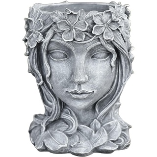 Fenteer Gesicht Kunst Skulptur Blumentopf Harz Blumentopf Weibliche Gesicht Pflanzer mit Loch Hause Blumentopf Ornament Home Decor, Grau