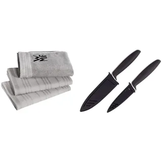 WMF Küchenhandtuch-Set 3-teilig Handtuch, Geschirrhandtuch, Baumwolle & Touch Messerset 2-teilig Küchenmesser mit Schutzhülle, Spezialklingenstahl antihaftbeschichtet, scharf, schwarz