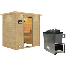Bild von Sauna Sonja mit Klarglastür und Kranz Ofen 9 kW Saunaofen 9kW extern Klargla - beige