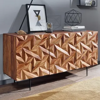 FineBuy Sideboard Sheesham Massivholz 145 cm mit 3 Türen - Massive Retro Kommode mit Schwarzen Beinen - Design Natur Anrichte - Handdustrial - Braun
