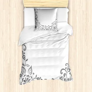 ABAKUHAUS Blumen Bettbezug Set für Einzelbetten, Monochrome Skizze, Milbensicher Allergiker geeignet mit Kissenbezug, Weiß Schwarz - Schwarz