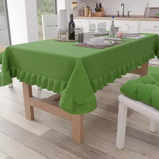 PETTI Artigiani Italiani - Tischdecke mit Volant, Tischdecke, rechteckige Küchentischdecke mit Volant, einfarbige Tischdecke aus Baumwolle, X6-Sitzer (140 x 180 cm), Grün