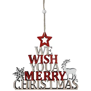 Weihnachten Holz Hängeschild Mit Rentier Und Schneeflocke - Rot Glitzer