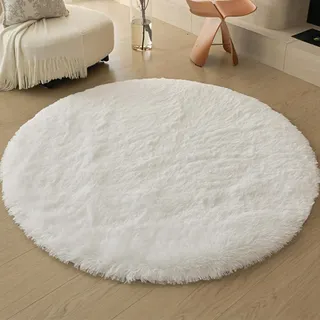 Swsen Rund Teppich Wohnzimmer Super Weich - Shaggy Teppiche Flauschig Anti-Rutsch Unterseite - Moderner Carpet Waschbar Langflor Hochflor Teppiche 90 cm Durchmesser, Weiß
