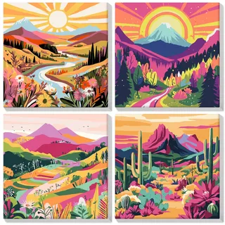 Lxmsja 4 Stück Malen Nach Zahlen Erwachsene mit Rahmen, Malen Nach Zahlen Landschaft, Diy Set Erwachsene mit Pinseln und Acrylfarben Handgemalt Ölgemälde Leinwand für Home Décor, 20x20cm