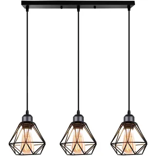 TOKIUS 3-flammig Pendelleuchte Vintage Industrial Hängelampe mit Geometrischem Design E27 Lampe aus Eisen Käfig Lampenschirm Schwarz Hängeleuchte für Esstisch Küche (Pendellampe, Balken)