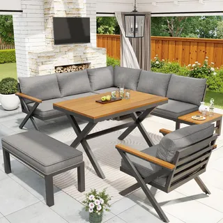 Flieks Gartenmöbel-Set 6 teilig, Gartenloungeset mit Ecksofa und Bank, Gartensofa mit Tisch, Gartengarnitur Balkonmöbelset 6-8 Personen, Grau - Grau