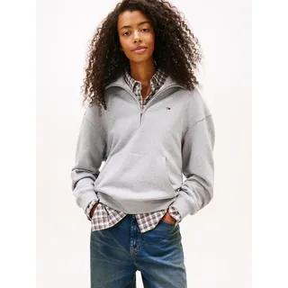 Kapuzensweatshirt TOMMY JEANS "TJW BXY S-FLAG 1/4 ZIP HOODIE", Damen, Gr. M (38), mid grau htr, Sweatware, Obermaterial: 100% Baumwolle, meliert, unifarben, regular fit, Rippbündchen, Sweatshirts Kapuzensweatshirt