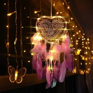 RAILONCH Herz Traumfänger Boho-Stil Handgefertigt LED Licht Wandbehang Romantische Dekoration (Dunkelrosa,Mit Lichtern)