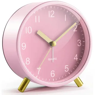 Jisile Rosa Analoger Wecker für Mädchen, Lautlos Retro Metallwecker mit Nachtlicht und Roségold Details, Dekorativer Tischuhr für Kinderzimmer, Teenager (Rosa)