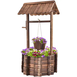 FANTASK Holz Wunschbrunnen mit Dach & hängendem Eimer, Blumenkübel Dekobrunnen Blumentopf aus Natürliche Kiefer, Garten Dekoration Outdoor 56x56x114cm, Natur
