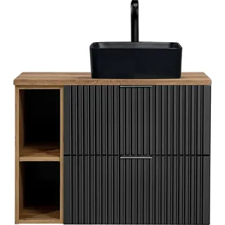 Badmöbel Waschtisch, 81cm, mit schwarzem Aufsatzbecken, ADELAIDE-56-BLACK, matt schwarz mit Eiche Nb., Rillenoptik, B/H/T ca. 80,6/72,2/46,5 cm - Schwarz