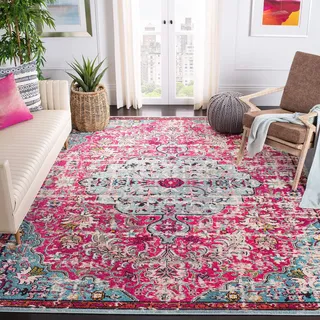 SAFAVIEH Boho Teppich für Wohnzimmer, Esszimmer, Schlafzimmer - Madison Collection, Kurzer Flor, Fuchsia und Blaugrün, 200 x 200 cm