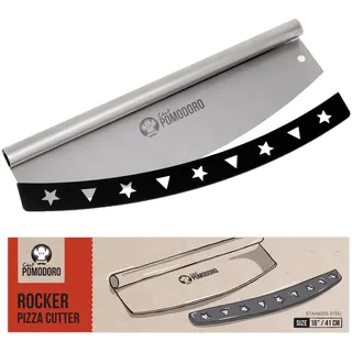 Chef Pomodoro Pizza‐Wiegemesser, Profi‐Pizzaschneider, Mezzaluna Cutter, großes Werkzeug aus rostfreiem Edelstahl mit Schutzhülle und komfortablem Griff, ideal für Teig, Fladenbrot, Kräuter (40,5 cm)