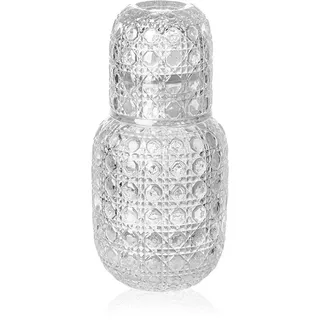 Unyqoos® Kristall-Wasserkaraffe mit Trinkglas – 440 ml Karaffe & 150 ml Glas, dickes lebensmittelechtes Glas, reliefiertes Design für Schlafzimmer & Bad - Weiß