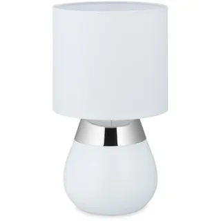 Relaxdays Tischlampe, ovale Nachttischlampe mit Touch, H x D: 33 x 18 cm, E14, Tischleuchte mit Stoffschirm, weiß/silber