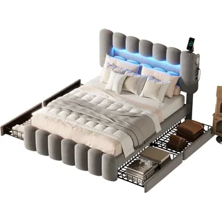 Polsterbett mit LED-Beleuchtung und Stereoanlage, 140 x 200 cm, höhenverstellbarer Kopfteil, Doppelbett, Samt - Grau