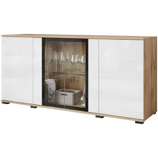 P & B Sideboard , Eiche Wotan, Weiß Hochglanz , Glas, Holzwerkstoff , 3 Fächer , 150x69.7x39.5 cm , Fsc , stehend , Kleinmöbel, Kommoden, Sideboards