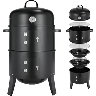 Smoker Räuchergrill 3‐in‐1 - Holzkohlegrill Wassersmoker - Mit Griffen - 2 Edelstahlroste - Integriertes Thermometer und Deckel - Pulverbeschichteter Stahl - Leicht zu reinigen - Schwarz