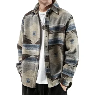 FindThy Herren gebürstetes Flanellhemd mit ethnischem Azteken-Muster, durchgeknöpfte Revers-Hemd-Jacke im Tribal-Design
