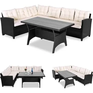 CASARIA® Polyrattan Ecklounge Set WPC Esstisch Ecksofa inkl. 7cm Sitzauflagen 15cm Kissen Wetterfest Outdoor Lounge Garten Terrasse Balkon Möbel Schwarz - Schwarz