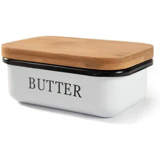 Theo&Cleo Butterdose mit Holzdeckel, Butterglocke für 250 g Butter, Multi-Funktion Butter Dish, Bambusdeckel, Weiß