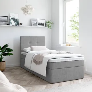Bett, Boxspringbett MERA MINI mit Bettkästen, Doppelbett, Stauraum, Schlafzimmer, Polsterbett, Bettgestell (90x200, Dunkelgrau - Aura 24, mit Topper T25) - Dunkelgrau