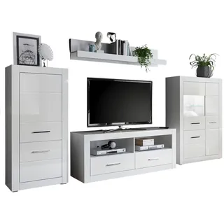 furn.design Wohnwand "Carrara" weiß Hochglanz Schrankwand 4-teilig 335 x 170 - Weiß