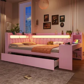 FAVSH Polsterbett 140x200 cm mit LED-Beleuchtung und USB-Anschluss, Tagesbett mit gepolstertem Kopfteil und Lattenrost, modernes Jugendbett, mit Schreibtisch und 2 Schubladen, Rosa, ohne Matratze