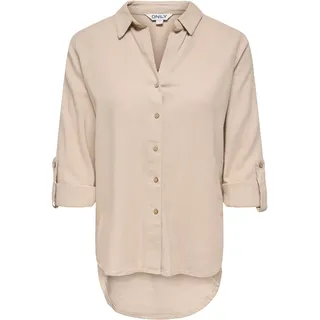 Hemdbluse ONLY "ONLGOA 3/4 STRAP LINEN BL SHIRT CC PNT", Damen, Gr. L, oxford tan, Web, Obermaterial: 70% Viskose, 30% Leinen, unifarben, loose fit Po-bedeckend, Blusen Hemdbluse, mit Leinen, umschlagbare Manschetten